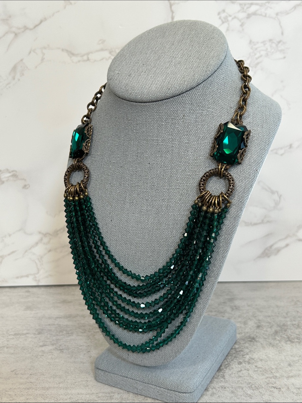 Vintage Unsigned Jan Michaels Emerald Green Multi-Strand Crystal Necklace